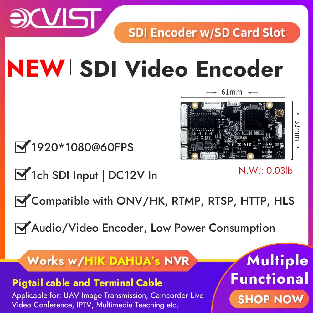 EXVIST H.265 1080P 3G-SDI Mini-Video-Encoder mit SD-Kartensteckplatz für Drohne, Satellit – Unterstützt RTSP, RTMP, HLS, HTTP, Compatible with ONV/HK für Live-Übertragung auf YouTube