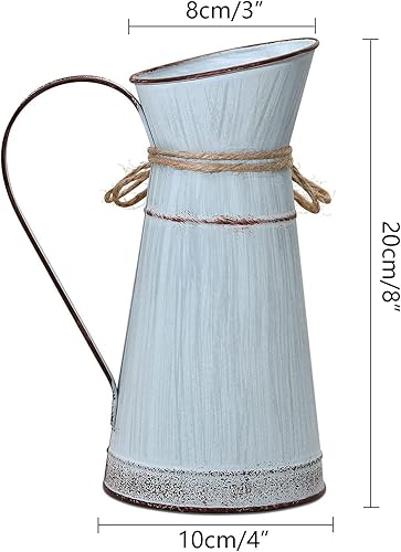 Miniatura 7 de Yoillione Jarrón de metal, jarrón azul claro con asa, florero rústico para decoración del jardín del hogar, pequeño jarrón de lata para boda
