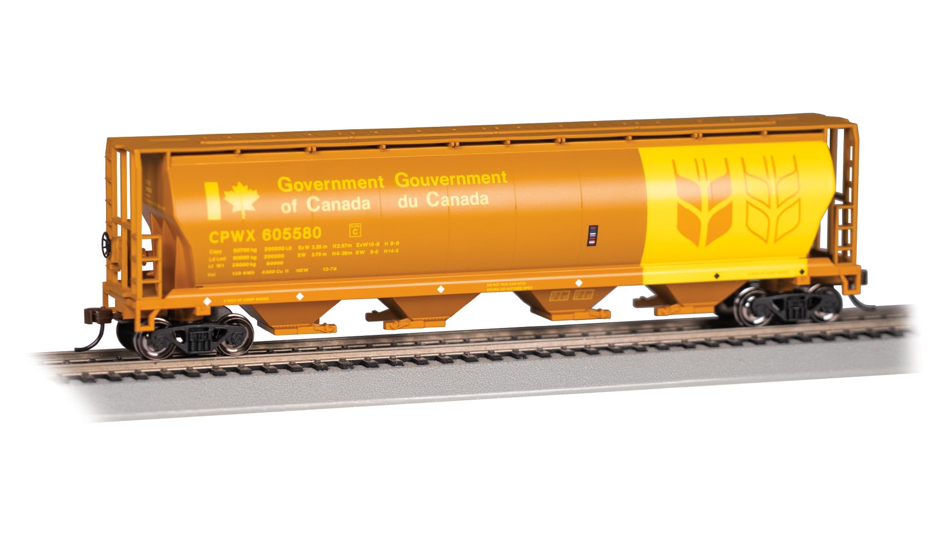 Bachmann Trains - Canadian 4 Bay Cylindrical Grain Hopper - Gov’T. of Canada - Orange & Yellow- HO Scale