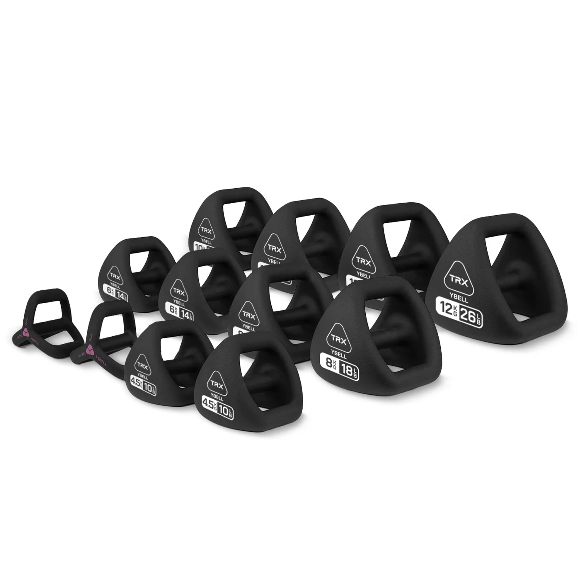 TRX YBell Neoprene Kettlebell Set 12 Piece Bundle with Horizontal Rack | 3-in-1 Kettlebell, Dumbbell, and Push Up Bar Workout Equipment - Commercial Grade Surface Strength Training Kettlebells
