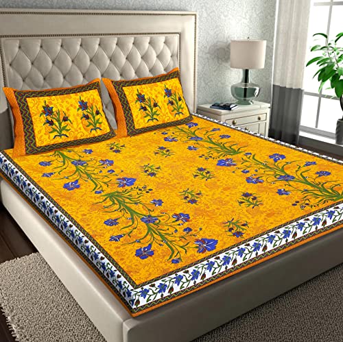 Image of RajasthaniKart Pure Cotton 144 TC Printed Double /Queen Bed Elastic Fitted Bedsheet with 2 Pillow Covers - All Around Elastic | 60 inchx78 inch, Fits Up to 8 inch Mattress | Jaipuri Print, 5167