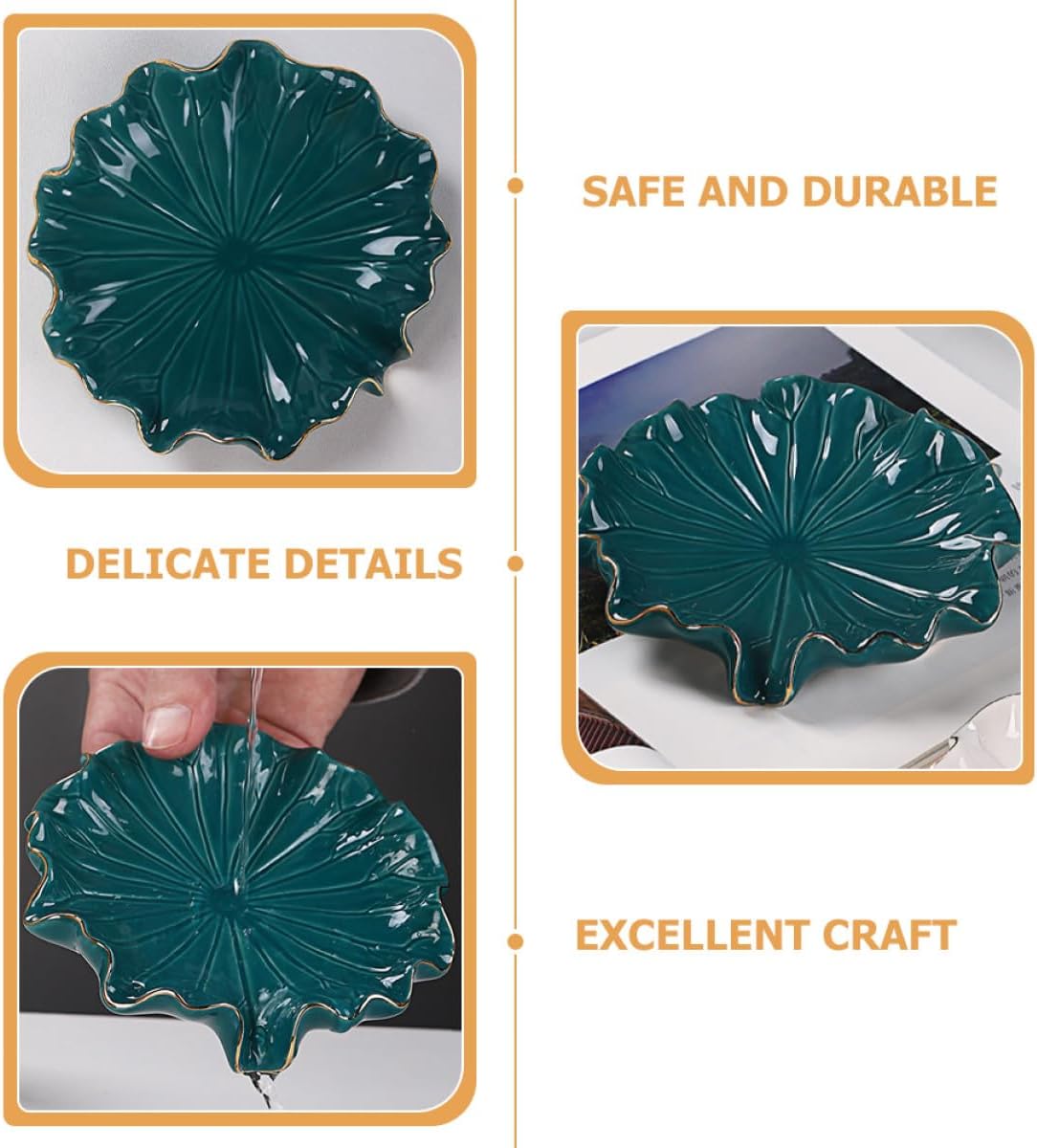 PRETYZOOM Ceramic Soap Dish Lotus Leaf Shape Gold Trim Self-draining Soap Holder Decorative Green Bathroom Tray for Shower Countertop Organizer