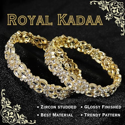 Image of NMII Gold Plated Metal Kundan Stone & American Diamond Bangles For Women & Girls | Traditional Kada For Women | Fancy Rajwada Bangles | Bangles For Wedding, Party, Occasion- Set of 2
