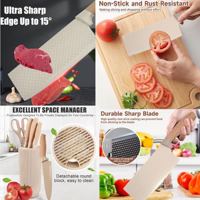 Image of Kitchen Knife Set with Stand 6 Pcs Chef Knife,Cleaver,Paring Knife & Manual 3 Stage Knives Sharpner Tool Scissors Stainless Steel Sharp Blades Wooden Finish Handle Knife Block for Home & Cooking