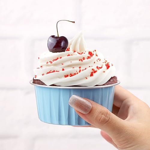 Miniatura 5 de EUSOAR Mini sartenes de aluminio con tapas, paquete de 30 moldes desechables de papel de aluminio dorado de 5 onzas para cupcakes, moldes para