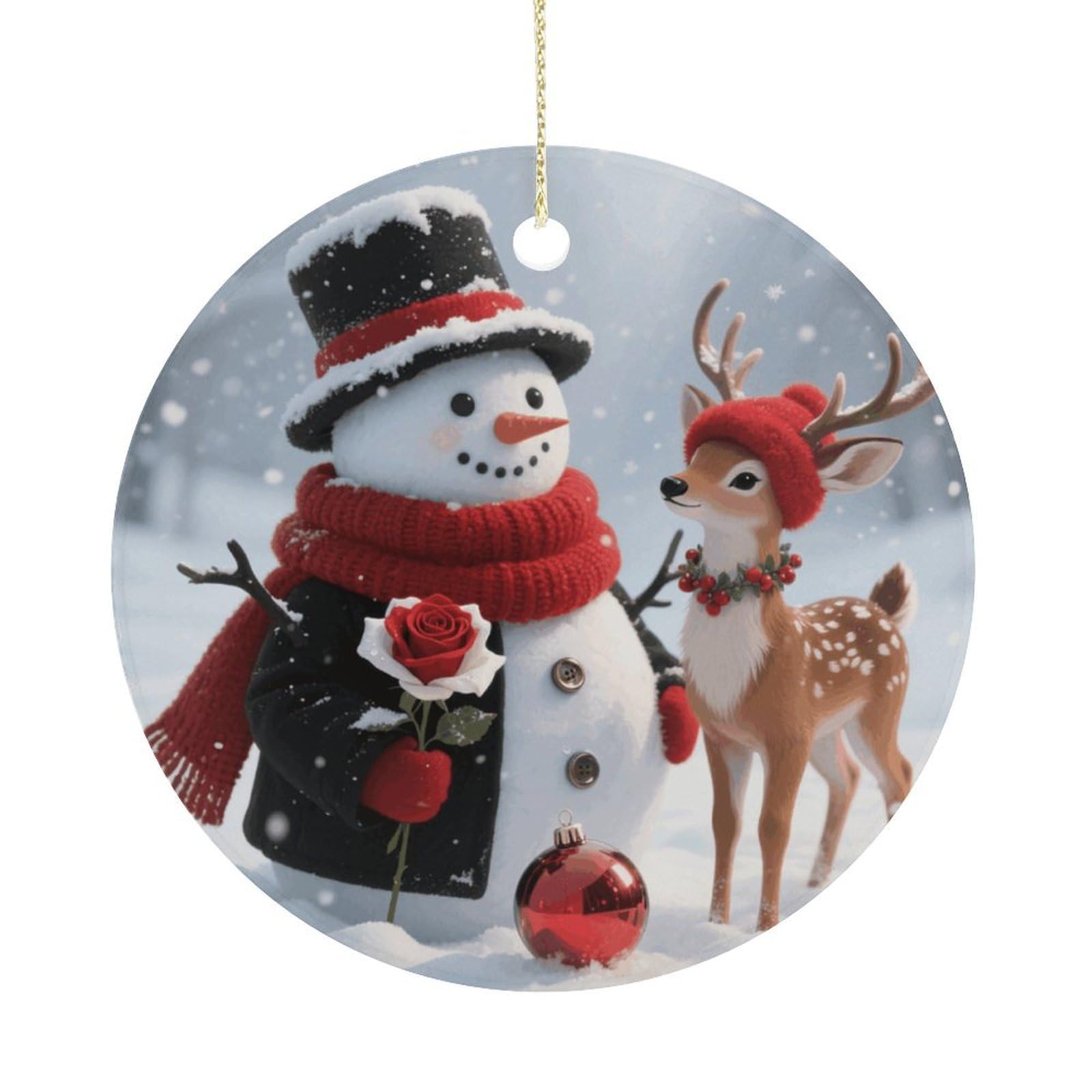 Personalized Christmas Ornaments 2025 Ceramic Hanging Christmas Snowman and Reindeer Ornaments with Gold String Double-Sided Vintage Holiday Decorations for Tree Mantel Tabletop Xmas Party Favors