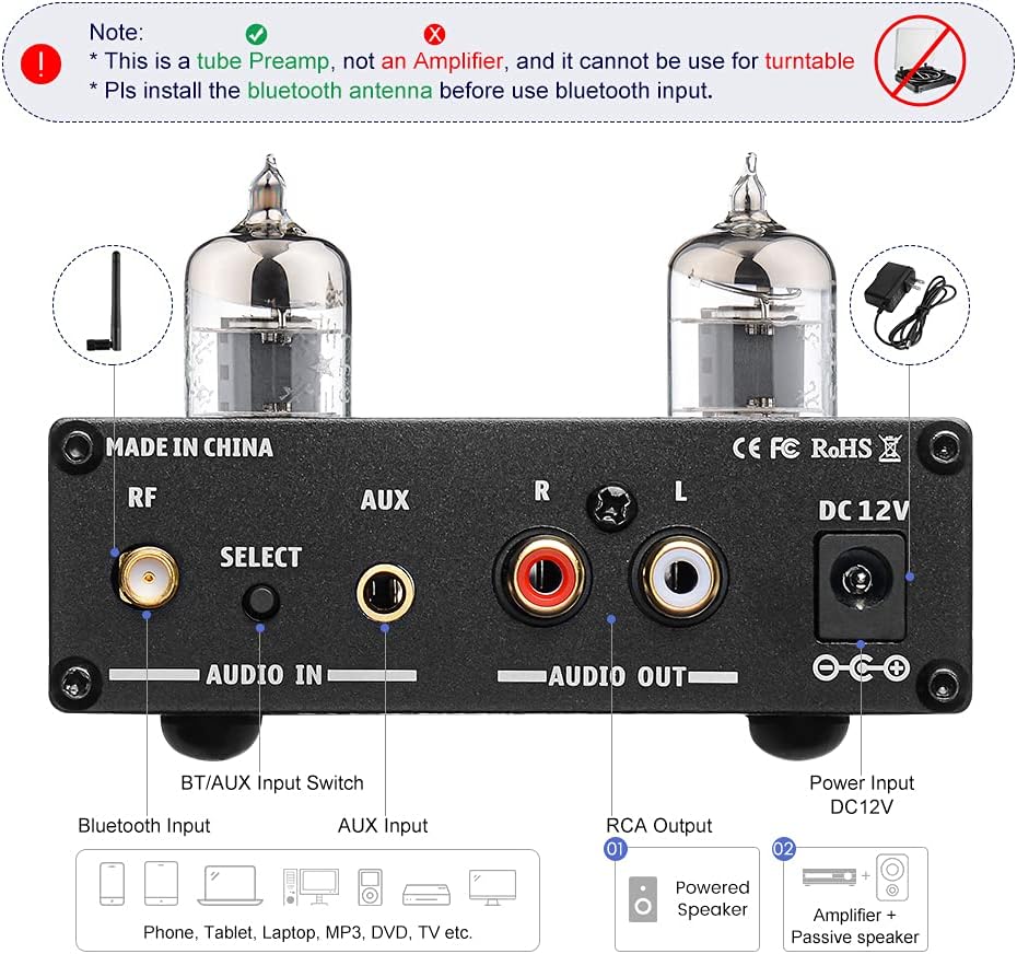 Uр Tо 40% оƒƒ [New Upgraded] AIYIMA A3 PRO GE5654 Tube Preamplifier Bluetooth 5.0 with Treble & Bass Adjustment DC12V HiFi Audio Preamp for Home Audio Amplifier System(Black+BT 5.0)