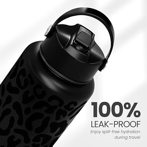Miniatura 4 de Botella de agua de leopardo de acero inoxidable de 32 onzas, doble pared aislada al vacío con tapa, botellas de agua con estampado de leopardo para