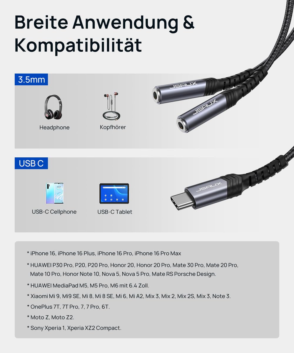 JSAUX Rozdzielacz słuchawek USB C jack AUX [28 cm] USB C na Dual 3,5 mm jack rozdzielacz audio Y kabel kompatybilny z iPhone 16/15 Pro Max Plus, Huawei P40, Galaxy S24 S23 S22 Ultra, kolor szary