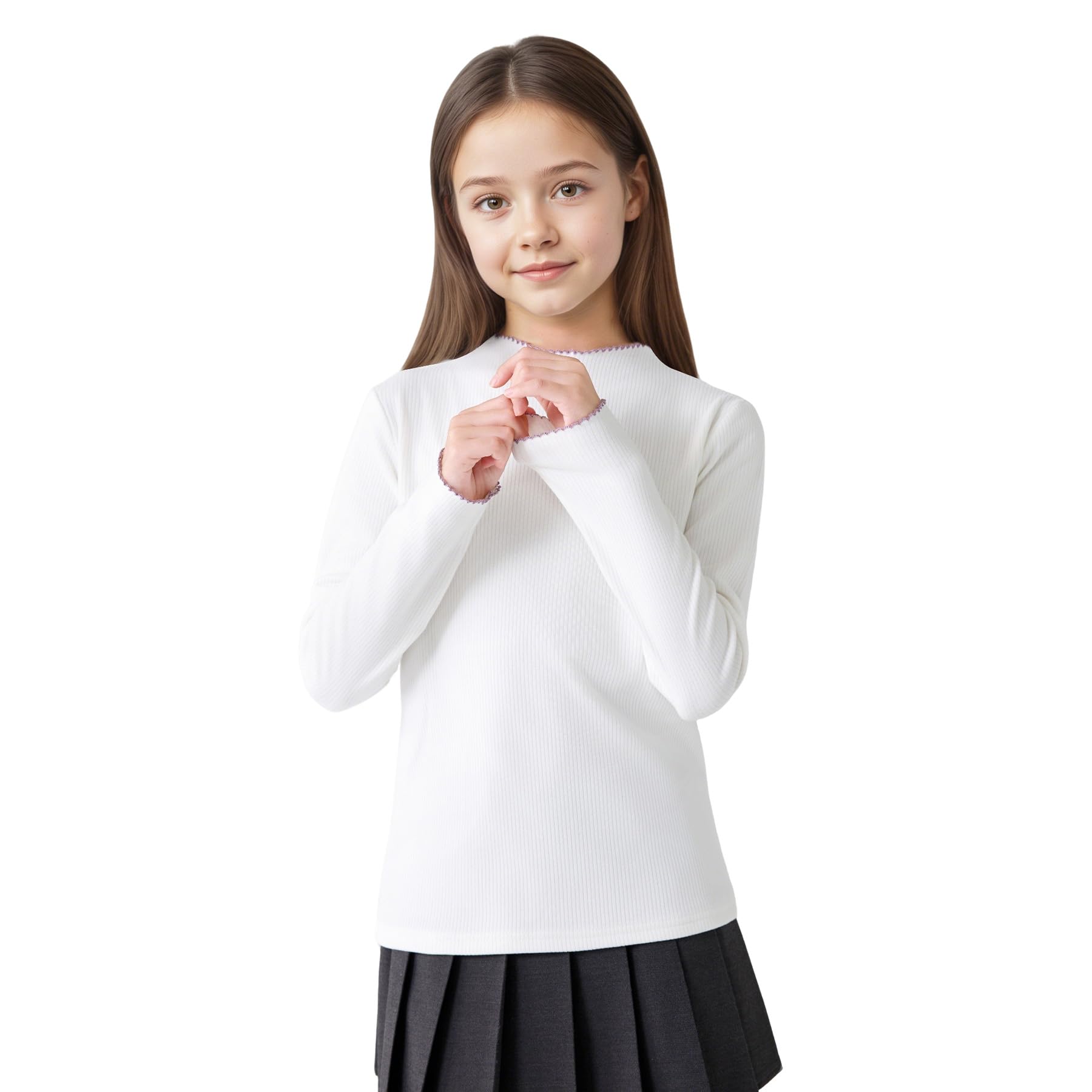 Dziewczęca koszulka termiczna, długi rękaw, ciepła koszulka bazowa, półokrągły dekolt z falbanką slim fit, miękki, swobodny sweter szkolny dla dziewczynek w wieku 7-13 lat