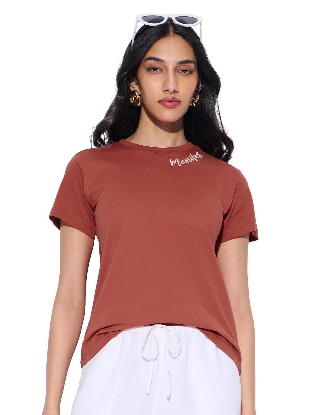 the souled store Casual Classics: Manifest Women and Girls Short Sleeves Round Neck Rust Brown Embroidered Cotton Regular Fit Breathable Lightweight Everyday Casual T-Shirt-picture-20