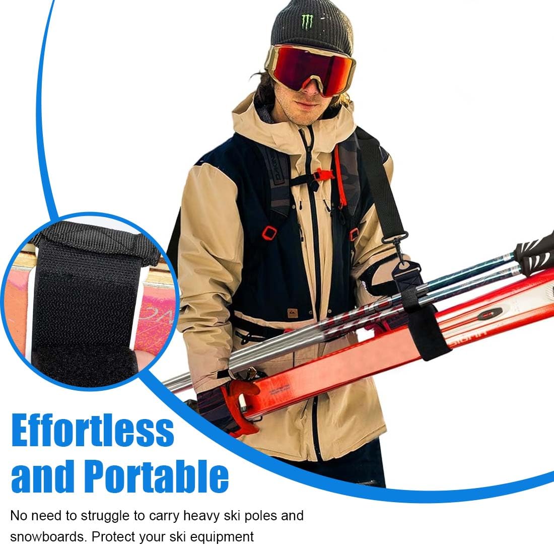 Sangle de Ski Réglable IKOPFLN - Bandoulière Porte-Ski avec Sac pour Bâtons de Ski, Accessoire de Transport pour Snowboard et Équipement de Ski