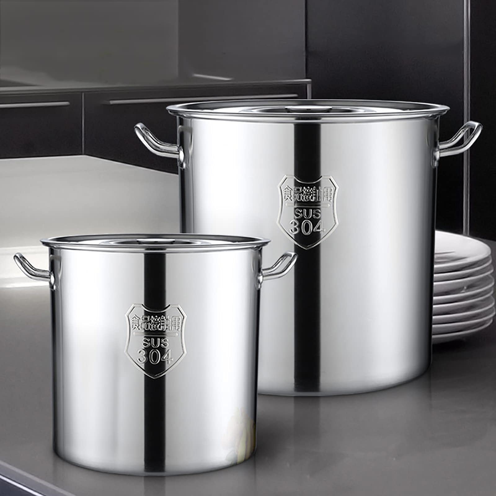 Olla con Tapa de Acero Inoxidable, ollas Grandes y Profundas de Acero Inoxidable para inducción, Cacerola para cocinar(37 * 35cm(30L))