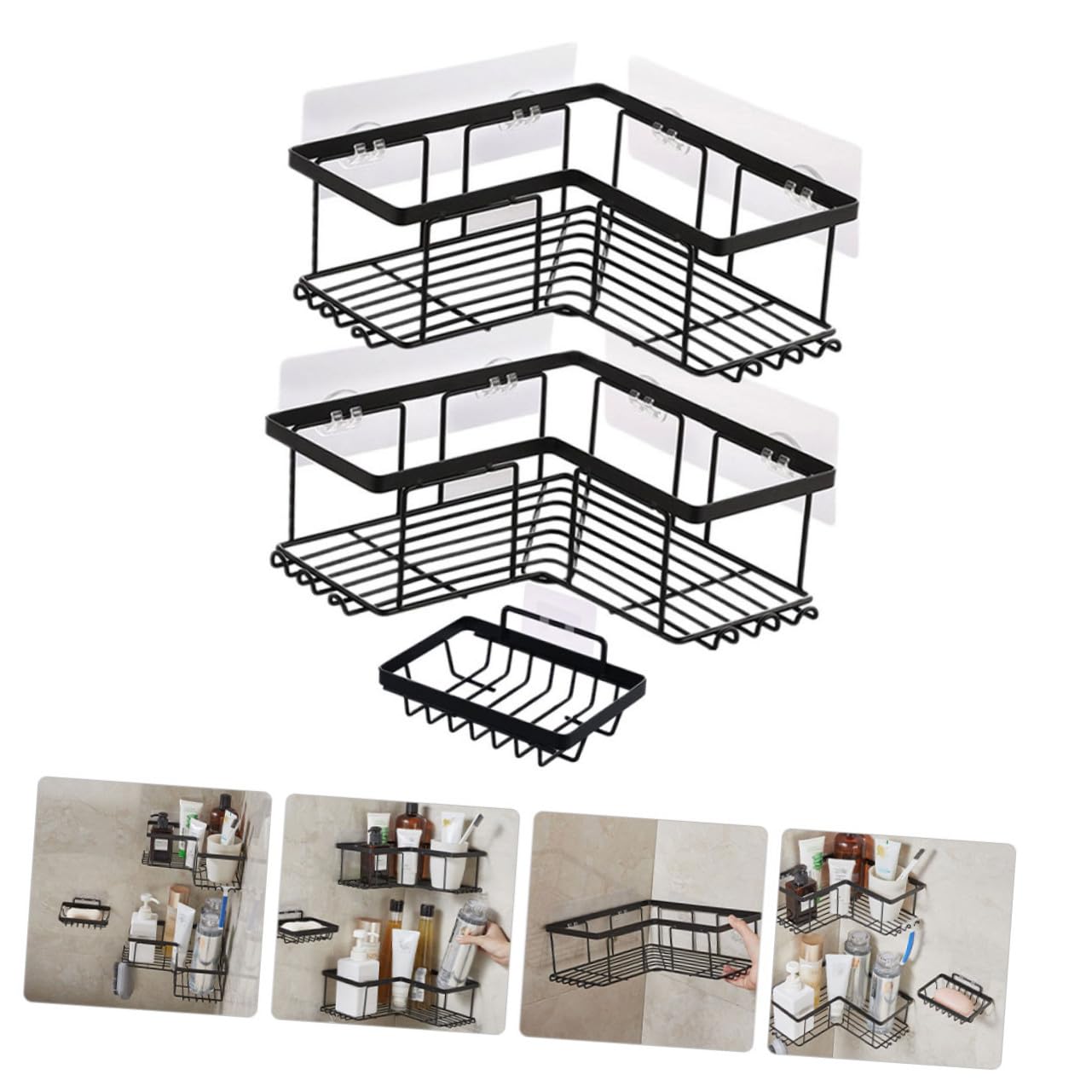 Cabilock Organizador de Ducha de Esquina Negro 1 Juego Acero al Carbono | Montaje sin Herramientas Adhesivos, Estructura en L, Almacenamiento Multipropósito para Baño