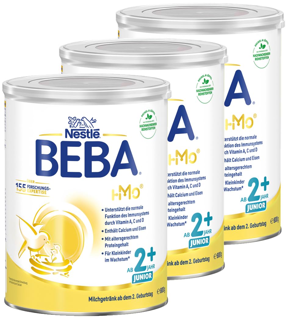 BEBA Junior 2+ Milchgetränk ab dem 2. Geburtstag, Mit HMO, Altersgerecht angepasster Proteingehalt, Nur Laktose, Ohne Palmöl, Ohne Fischöl, Kleinkindnahrung, Baby-Milchpulver, 3er Pack (3 x 800g)