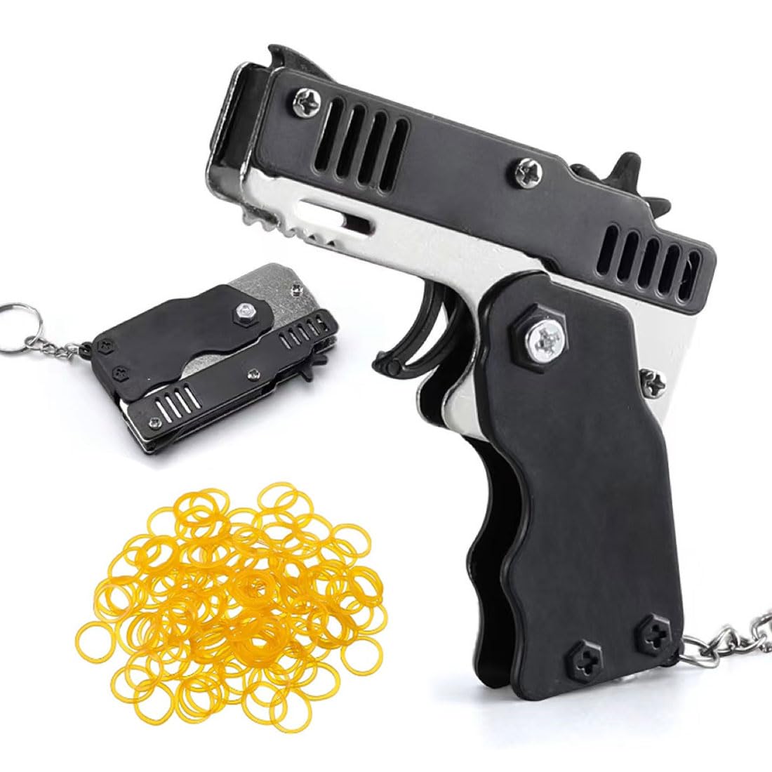 Pistolet gumowy – 1 szt. mini pistolet gumowy z metalu, składany, 6 strzałów z breloczkiem do kluczy i 60 gumowymi taśmami, metalowy składany brelok do kluczy do aktywności na świeżym powietrzu