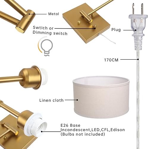 Miniatura 7 de Aplique de pared con cable enchufable de tela vintage, lámpara de pared con brazo oscilante para interiores con interruptor de encendidoapagado,