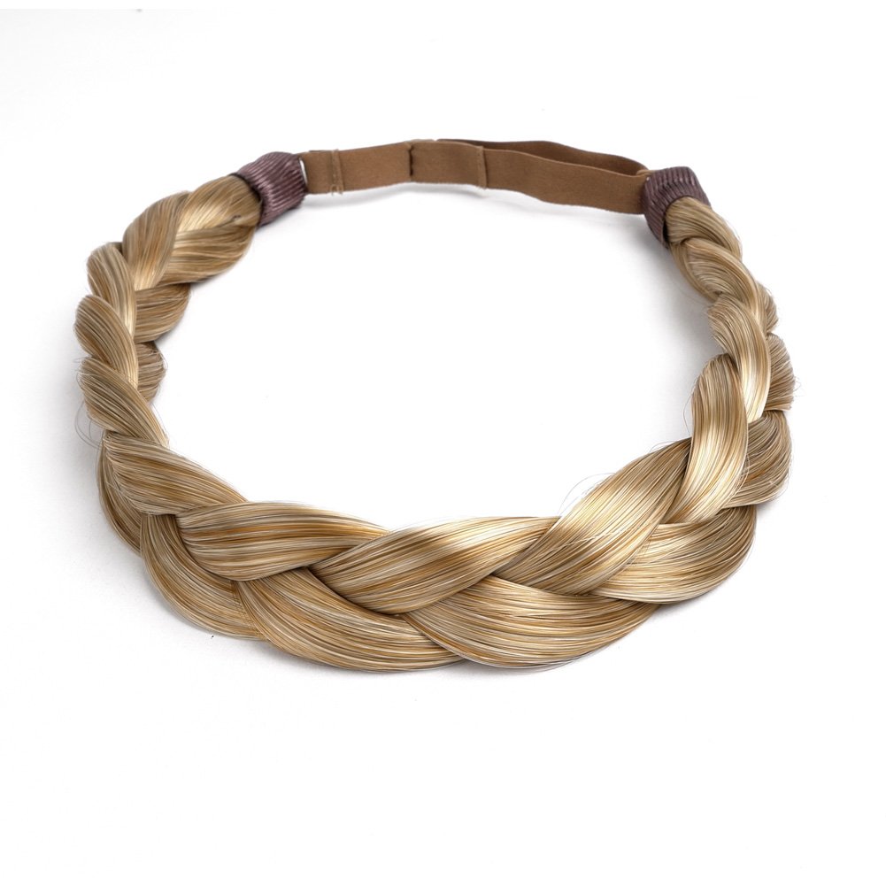 Ty.Hermenlisa Chunky Synthetic Hair Braided Headband Classic Wide Plaited Braids Elastic Stretch 3 strands Hairpiece Women Beauty Accessory, 50g, Honey Blonde