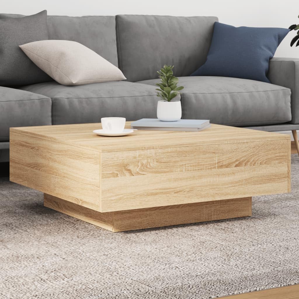 SXZenSpace LED Coffee Table 80 cm Sonoma Oak Engineered Wood Modern Centre with RGB Lighting Adjustable Colours for Living Room Bedroom Lounge