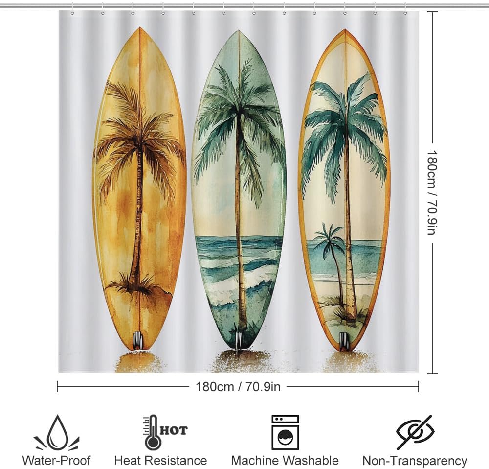 4 Pcs Vintage Surfboard Shower Curtain Bathroom Set with Rugs, Graffiti Style Tropical Ocean Beach Landscape Shower Curtain with 12 Hooks, Toilet Lid Cover and Bath Mat for Bathroom Decor Set