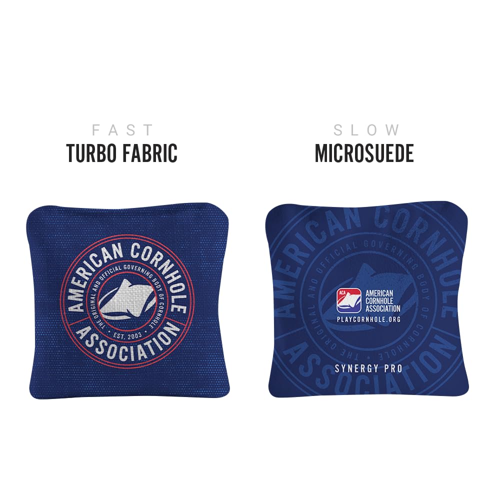 ACA Synergy Pro Dual Sided Cornhole Bags | Official ACA Tournament Badge Blue Design | Set of (4) All-Weather Resin Filled Stick & Slide Corn Hole Bags