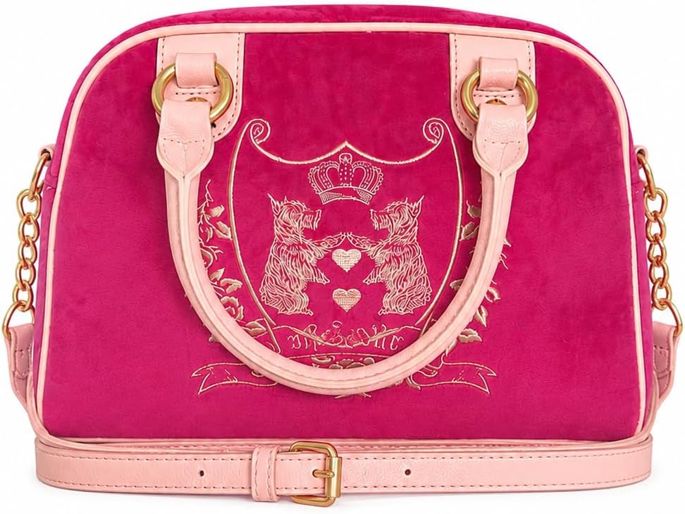 Juicy Couture New Love Chapter Satchel Handbag, Velvet, Crossbody Strap, Coin Purse Charm, Gold-Tone Hardware, 11 x 8 Inch