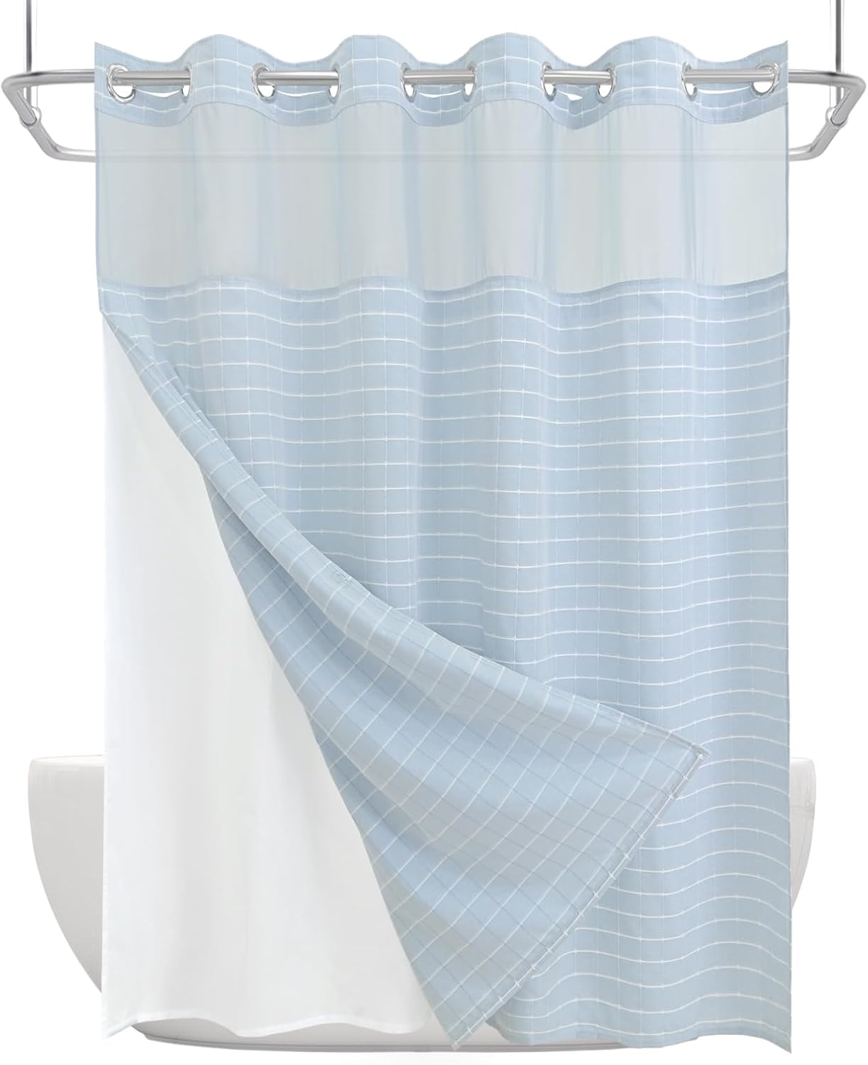 Calm Horizon Series No Hook Shower Curtain, Jacquard with Snap-In Liner, 4 Magnets & Side Suction Cups, Water-Repellent Bath Curtain Spa Hotel with Window (Blue, 72"W x 86"L(Pack of 1))