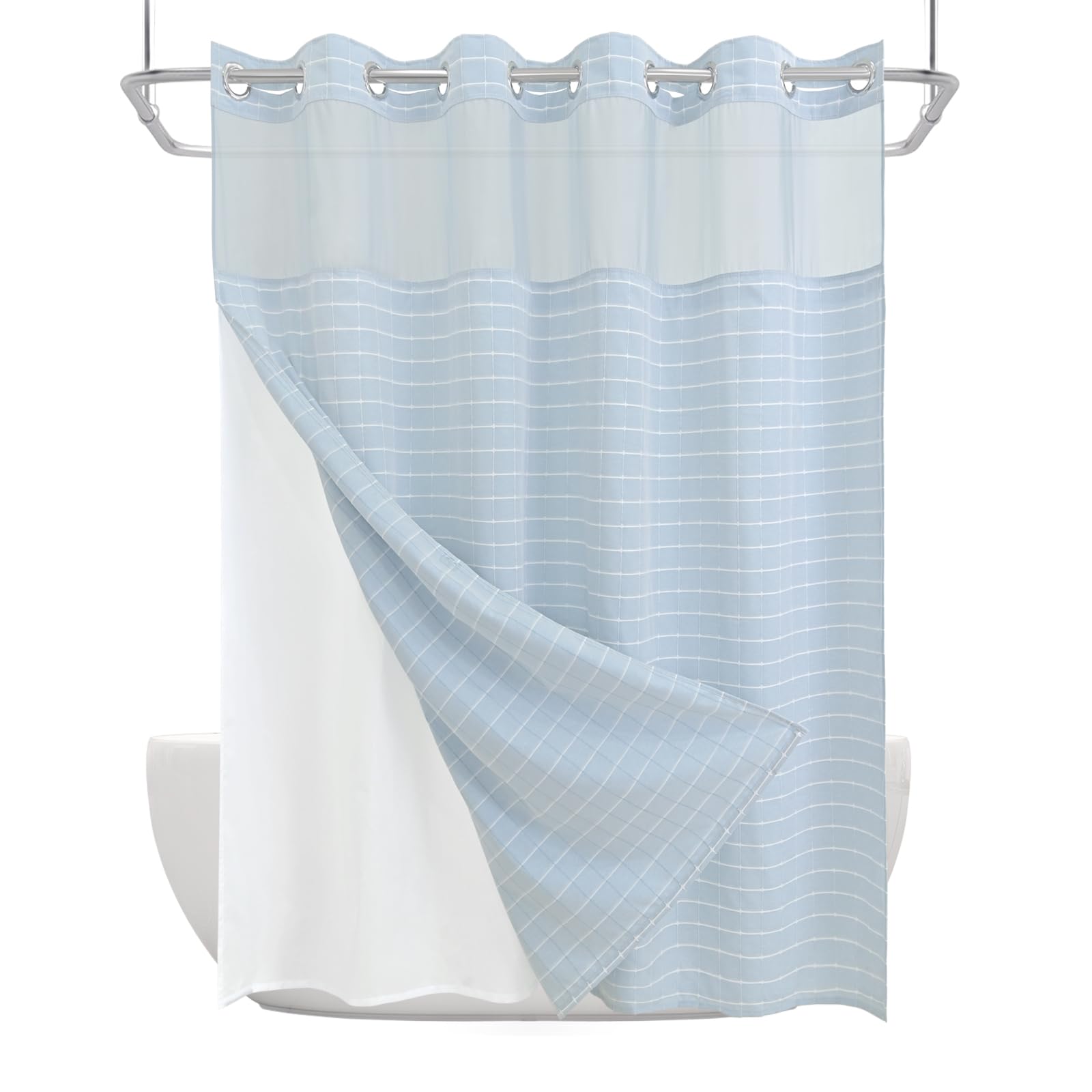 DRIFTED ROOT Calm Horizon Series No Hook Shower Curtain, Jacquard with Snap-In Liner, 4 Magnets & Side Suction Cups, Water-Repellent Bath Curtain Spa