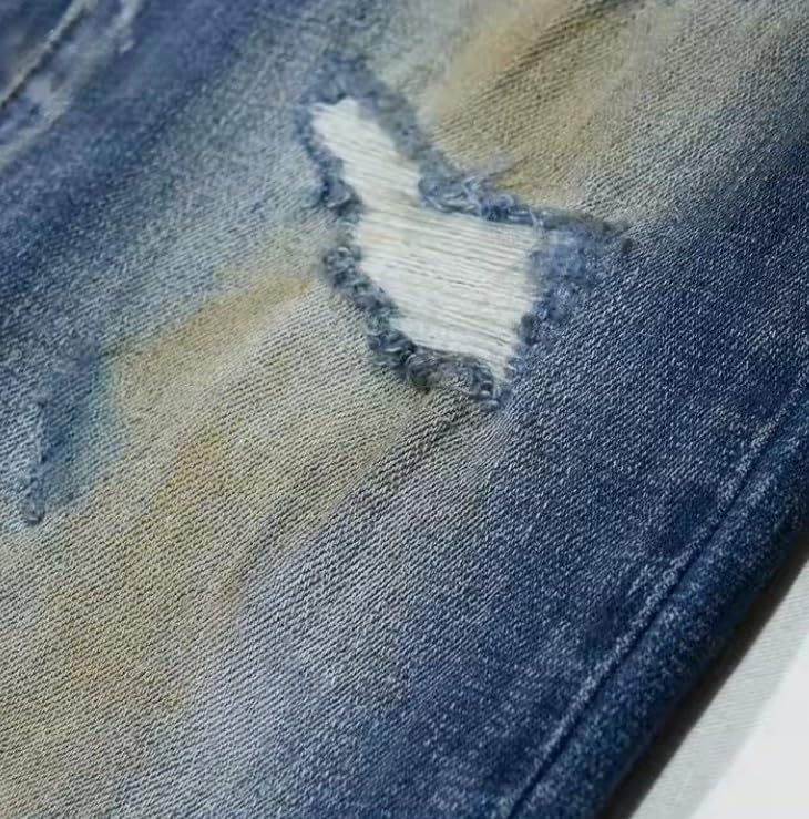 Men's Slim-fit Mid-Fise Tie-Dye Distressed Denim Jeans with a Retro Style.4