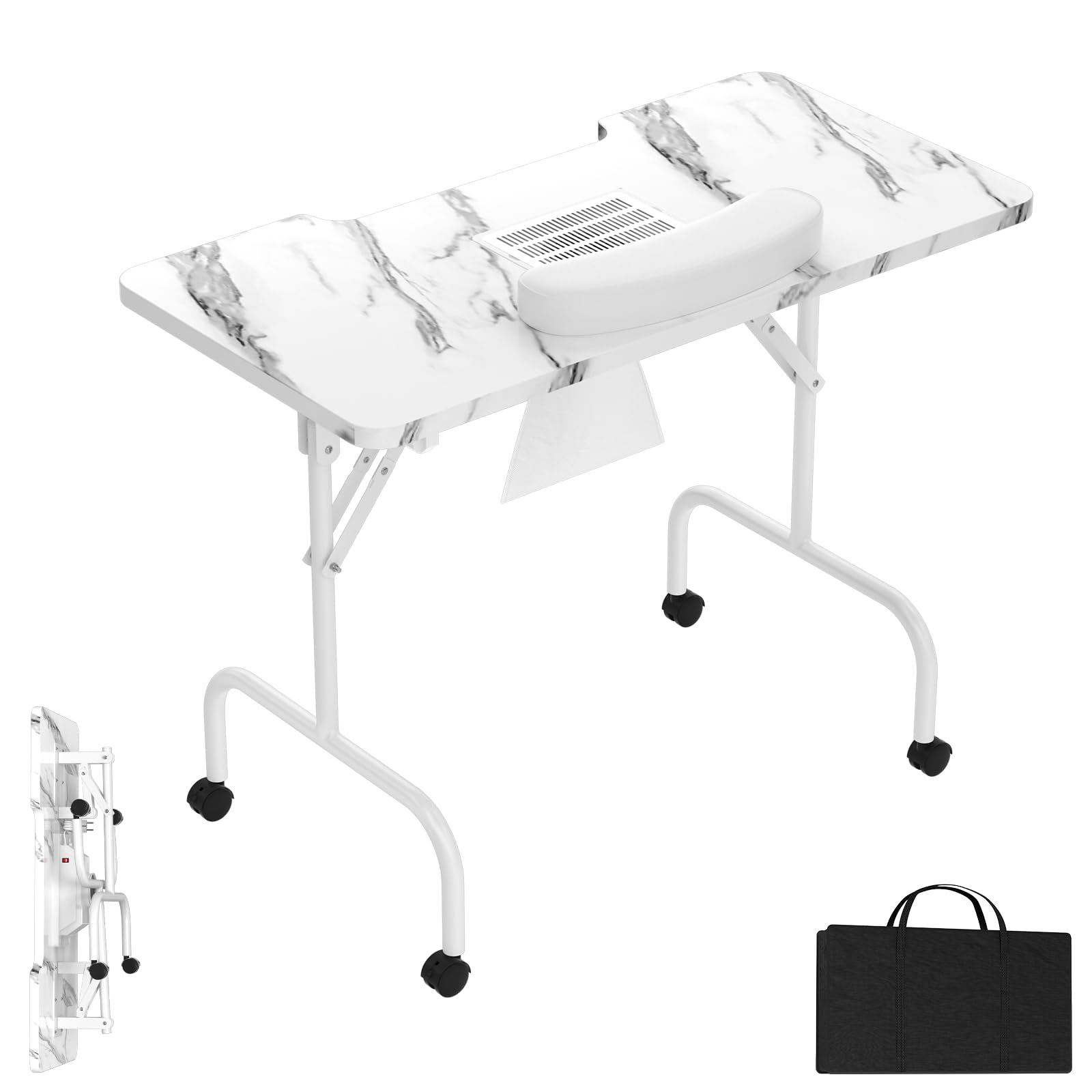 Froadp 94 x 48 x 72 cm Mesa de manicura con succión plegable mesa de uñas plegable mesa de estudio con ruedas cojín de mano cajón y bolsa de almacenamiento mesa de manicura para salón de uñas, vetas