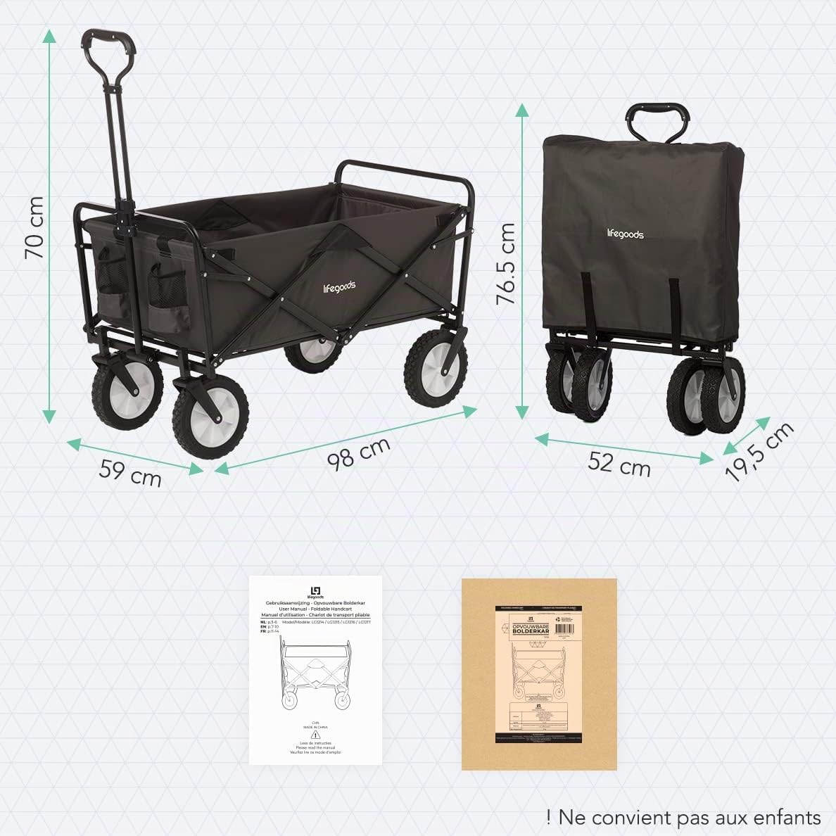 LifeGoods Chariot de plage – Chariot pliant avec roues – Grand chariot de plage – Roues pivotantes – 2 supports – Capacité de charge de 70 kg – Gris