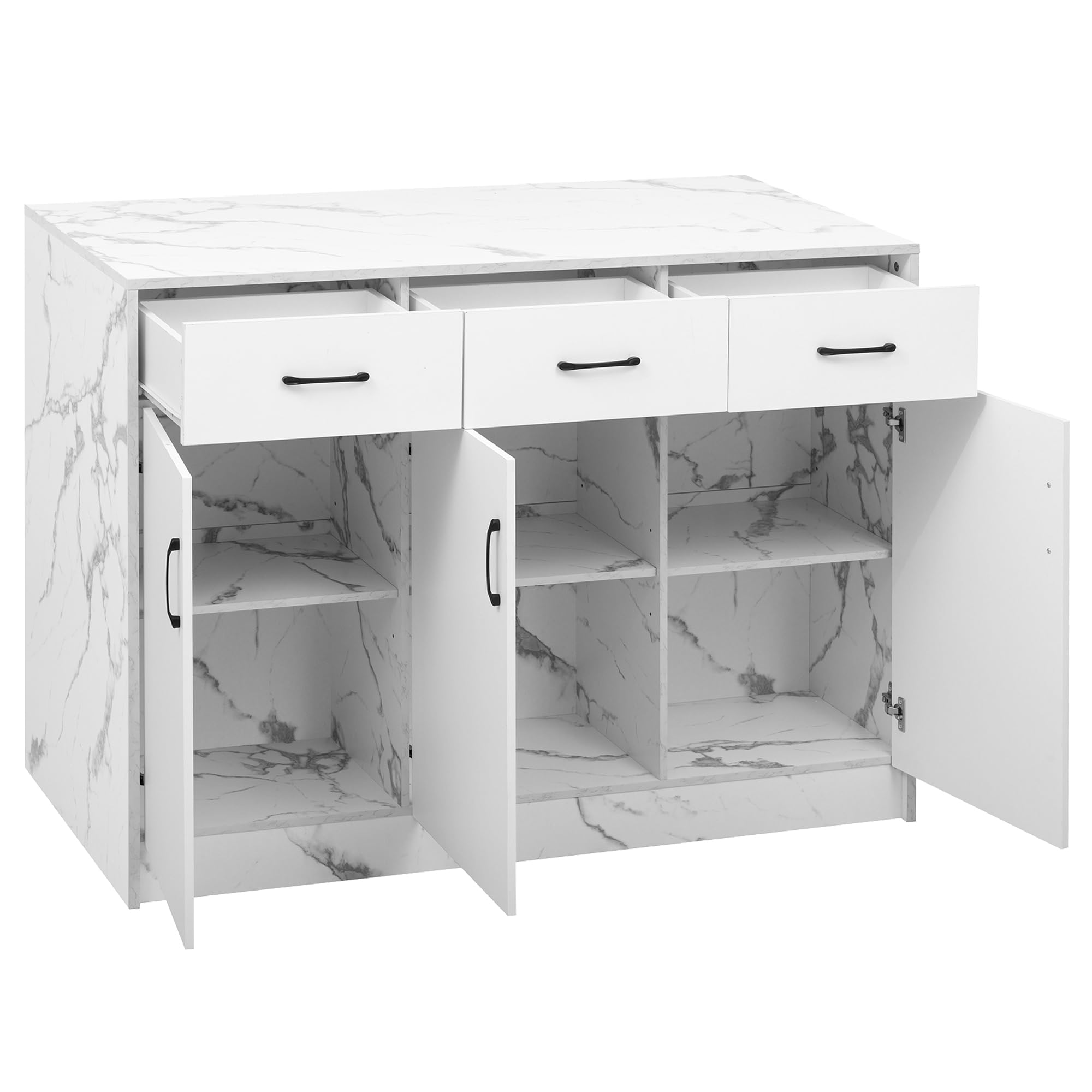 Grande isola da cucina 120 x 60 x 90,5 cm, 3 cassetti e 3 ante, design in marmo bianco, ripiani regolabili, cassetti silenziosi, design zona bar - Utensili da cucina eleganti e pratici