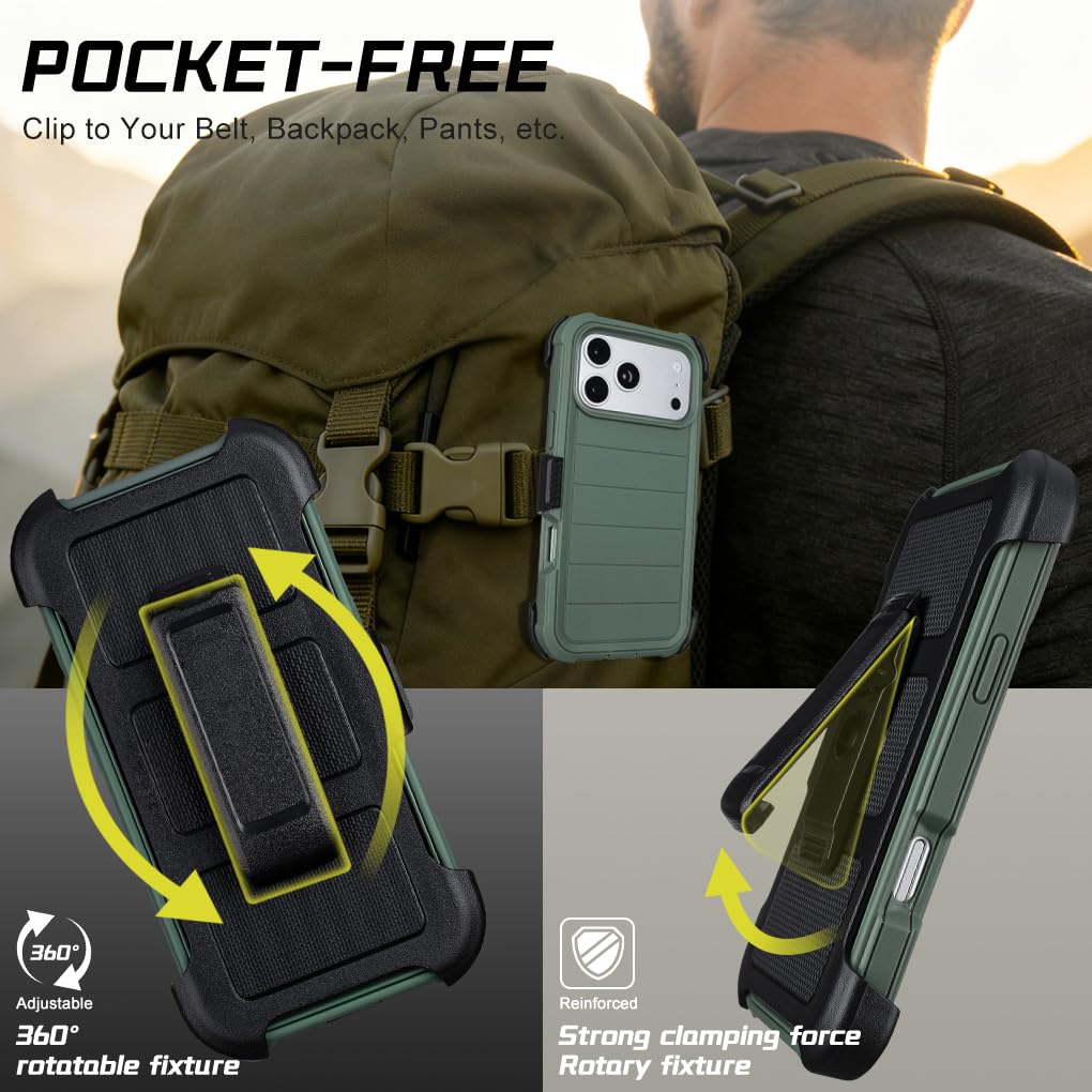 Defender - Custodia per iPhone 17 Pro Max con clip e cavalletto