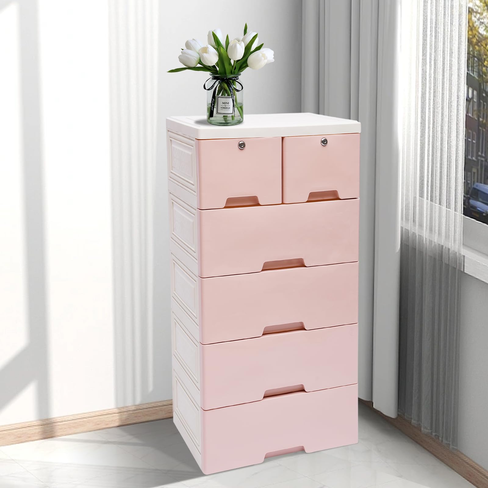 Cassettiera su ruote, 6 cassetti grandi, in plastica PP, per cucina, bagno, soggiorno, ufficio, 102 cm (rosa)