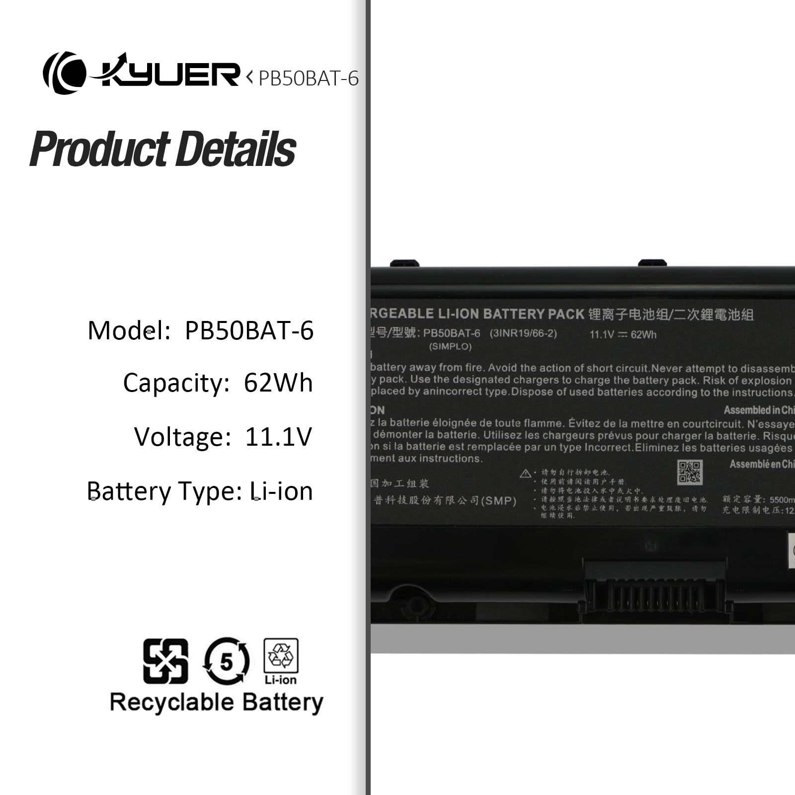 K KYUER 62Wh PB50BAT-6 Laptop Akku für Clevo PB71EF-G PB51EF-G PB71RF-G PB51RC PB51RF-G NH57AF1 PB70EF PowerSpec 1720 1520 Eurocom Nightsky Ti15 Schenker XMG Pro 15 Apex 15 Sager NP8371 NP8356 NP8377