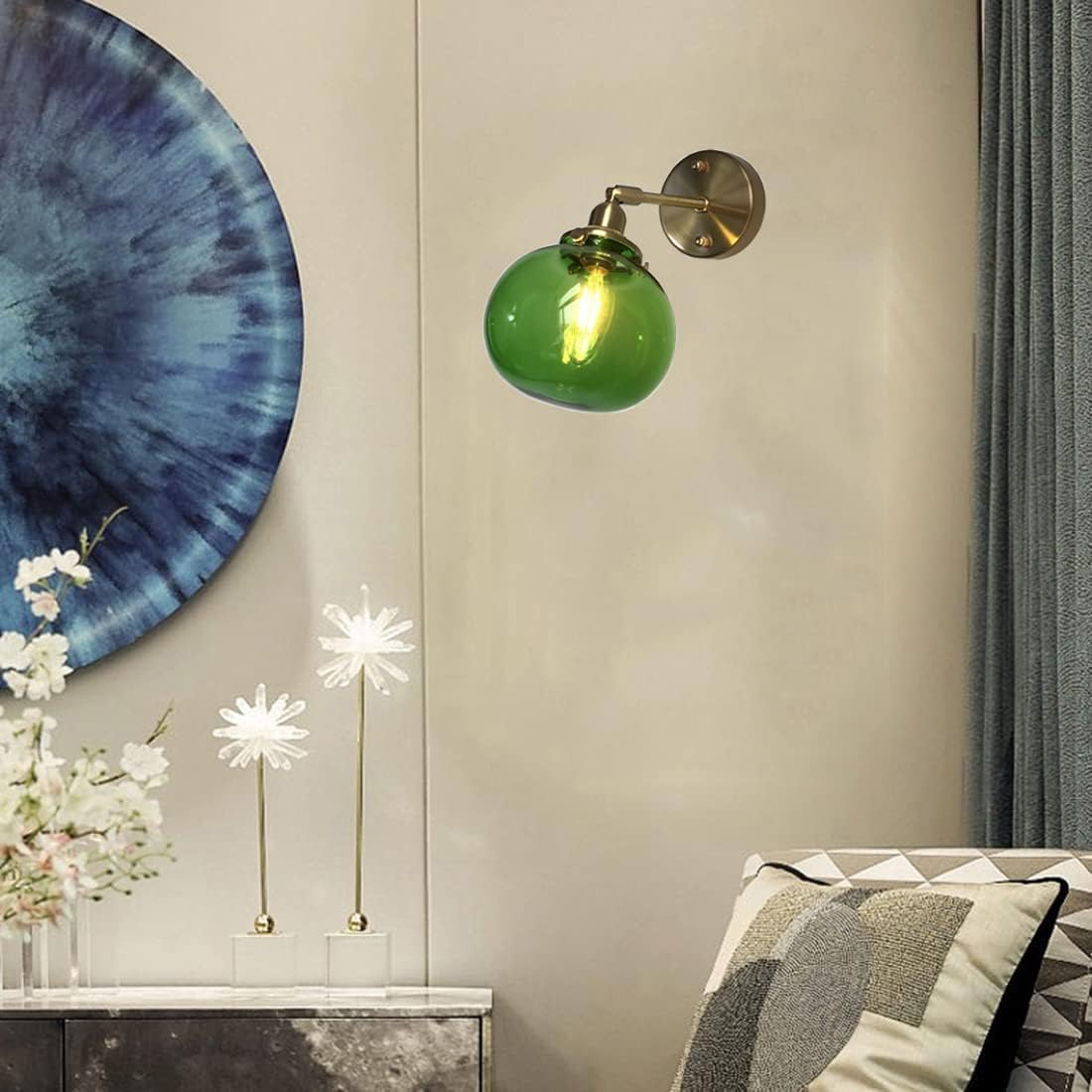 壁の燭台グリーンガラス調整可能な腕産業中世の吹き吹きガラスゴールド農家ランプベッドルームリビングルームバスルーム用
