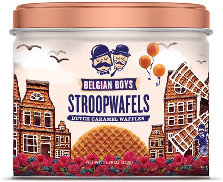 Belgian Boys Authentic Dutch Caramel Stroopwafels, Individually Wrapped Waffle Snacks, Non-GMO, Non-Artificial, No Preservatives, Vegetarian Friendly (8 Cookies per Tin)