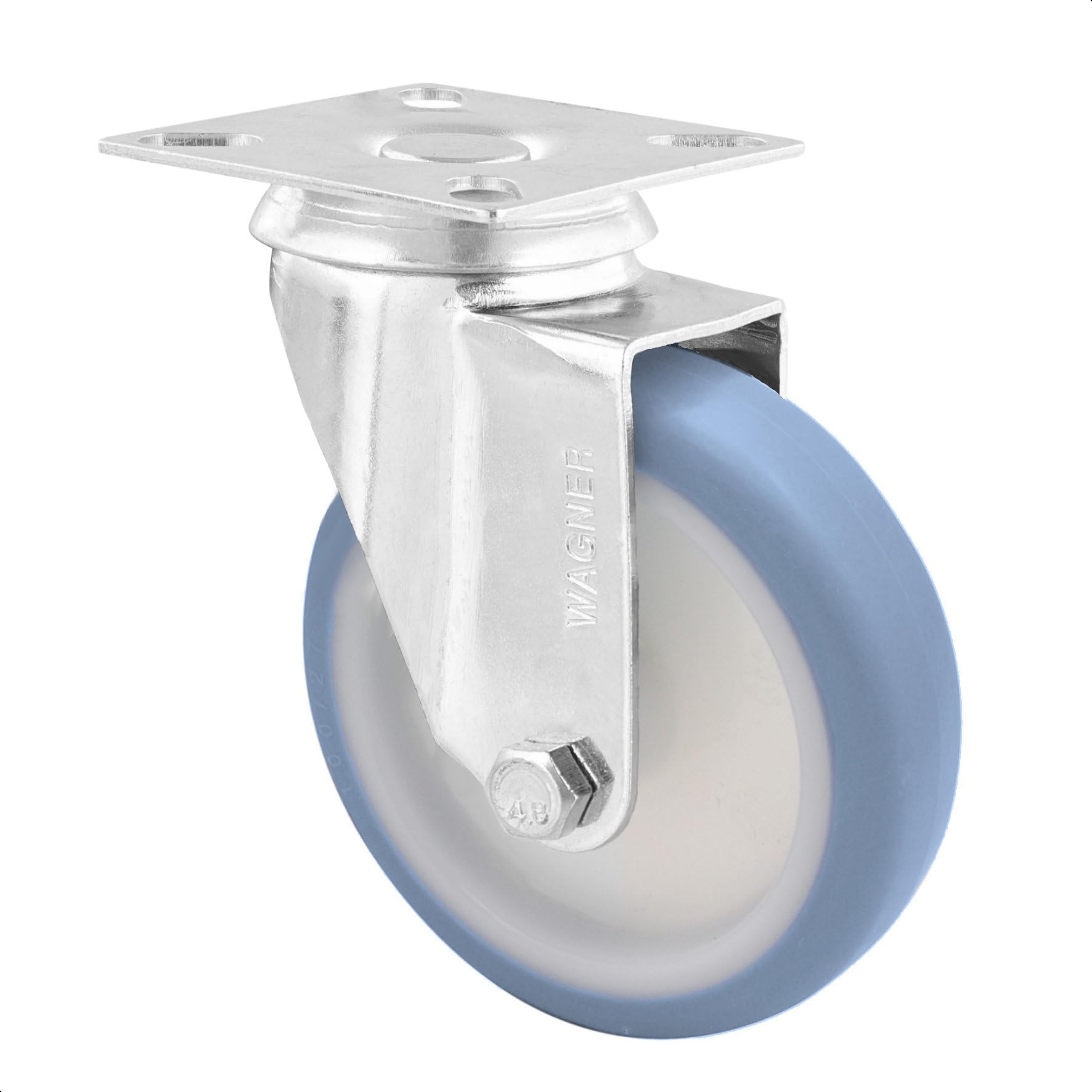 Roulette pivotante souple Wagner 100 mm avec platine de fixation 85x105 mm charge 75 kg bleu blanc