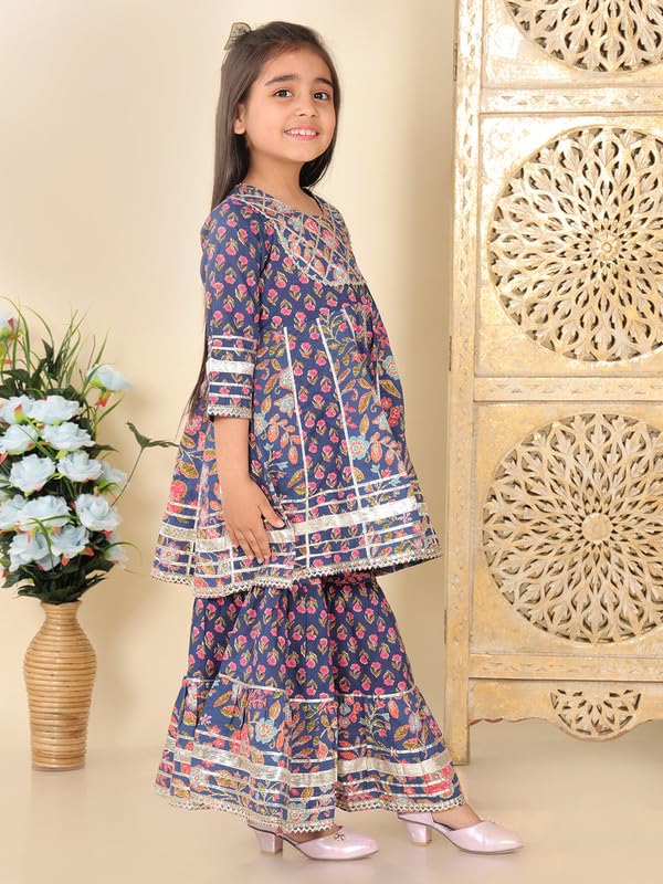 Image of superminis Girls Cotton Floral Printed Gotta Work 3 /4 Sleeves Flared Design Kurti & Sharara Set