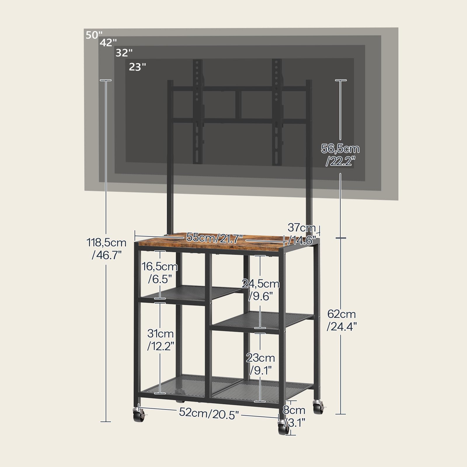 HOOBRO Mobile TV Stand on Wheels, Rolling TV Stand with Storage Shelves for 23-50 Inch TVs, Rolling Entertainment Center for Small Space, Living Room, Bedroom, Study, Rustic Brown EBF37DS01 — view 2