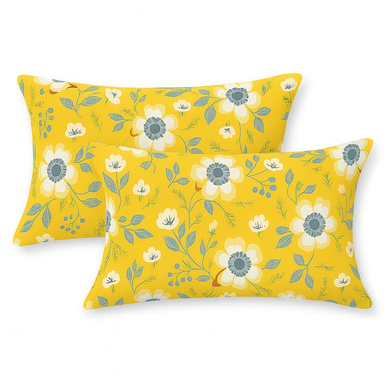 Image of Yellow Bright Floral Print Fitted Bedsheet | Glace Cotton 140 TC | King Size (72x78 inch) with 2 Pillow Covers (18x28 inch) | Deep Pocket up to 10 Inches - Soft & Comfortable