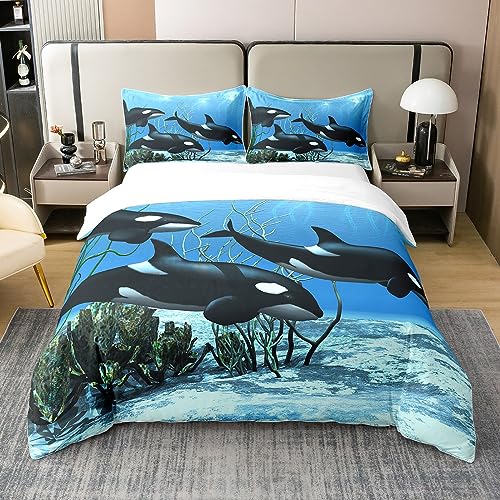 Pure Cotton Killer Whale Bedding Sets Orcinus Orcas Comforter Cover The Underwater World Jellyfish Duvet Cover Set for Kids Boys Girls Deep Sea Animals Marine Life Quilt Cover Child Room Decor Single