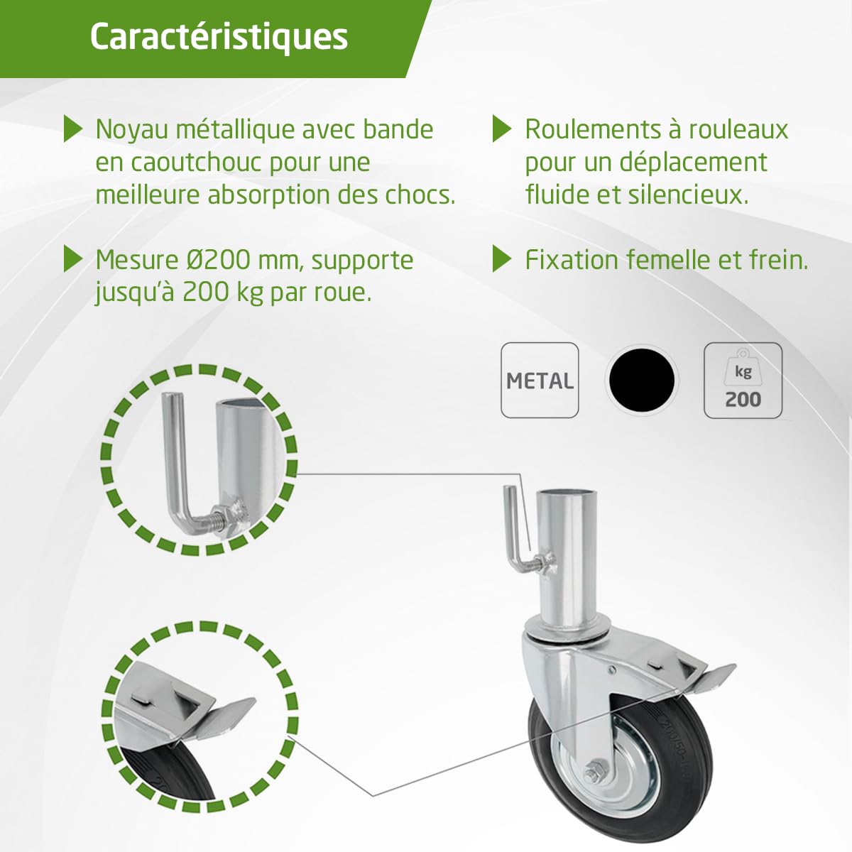 Amig - Roue Échafaudage Femelle | Avec Frein | Ø200 mm | Noyau Métallique et Bande de Caoutchouc | Roulements à Rouleaux | Spécialement Conçue pour une Utilisation Industrielle | Noir