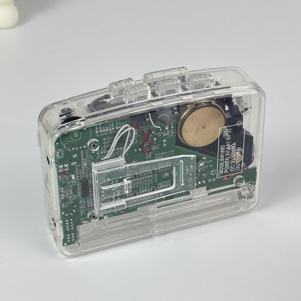 Lecteur cassette portable avec radio FM et casque stéréo - Lecteur de bandes transparentes avec chargement USB - Design rétro (rouge)