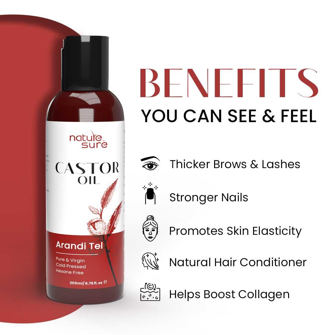 Nature Sure Castor Oil 200ml Arandi Tel for Brows, Lashes and Nails, Virgin Cold-Pressed Hair Oil IP-Grade, Repairs Cracked Heels 2