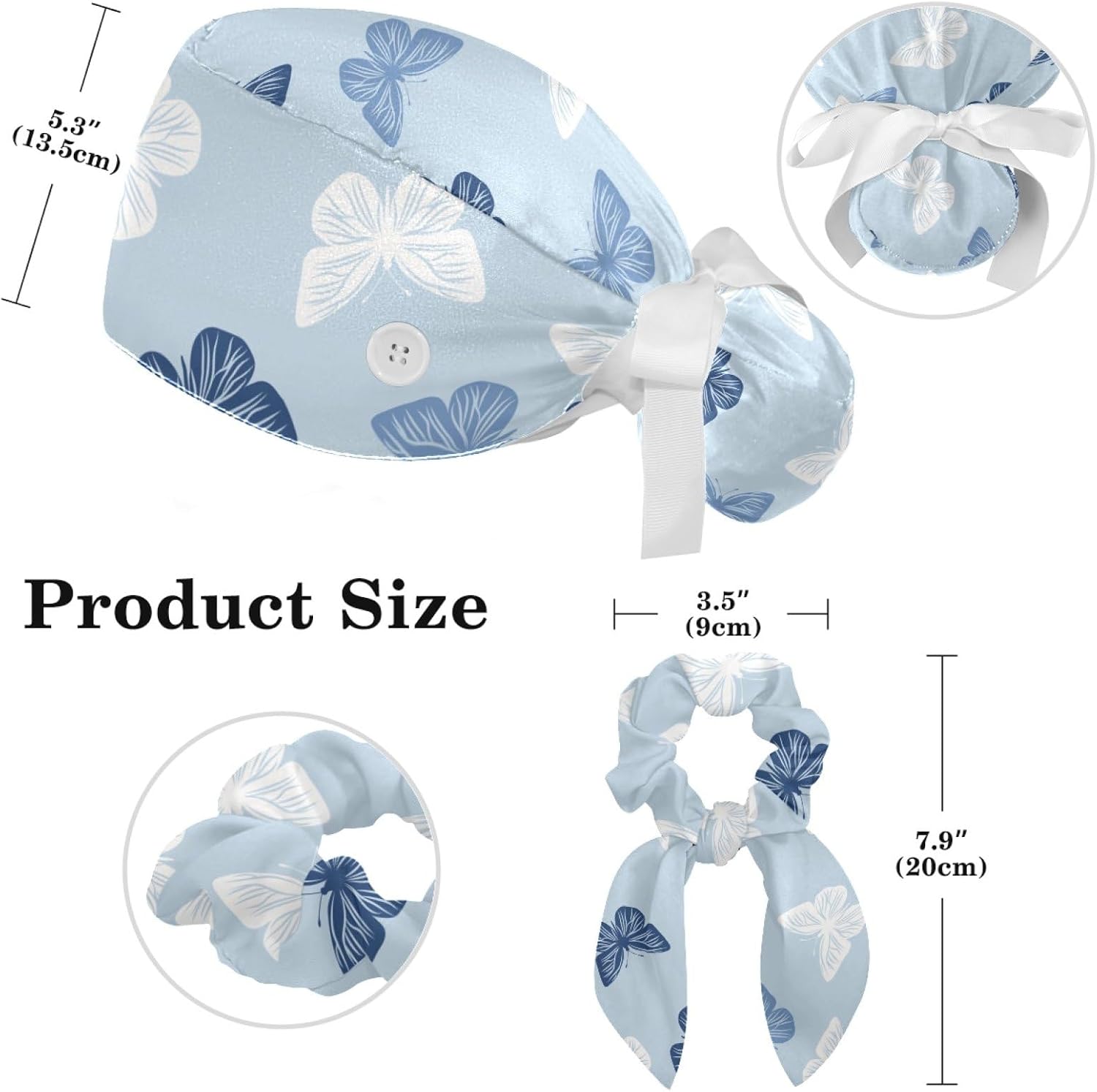 Colored Butterflies Scrub Caps Women Ponytail, Adjustable Bouffant Surgical Caps with Button, Nurse Hats Long Hair