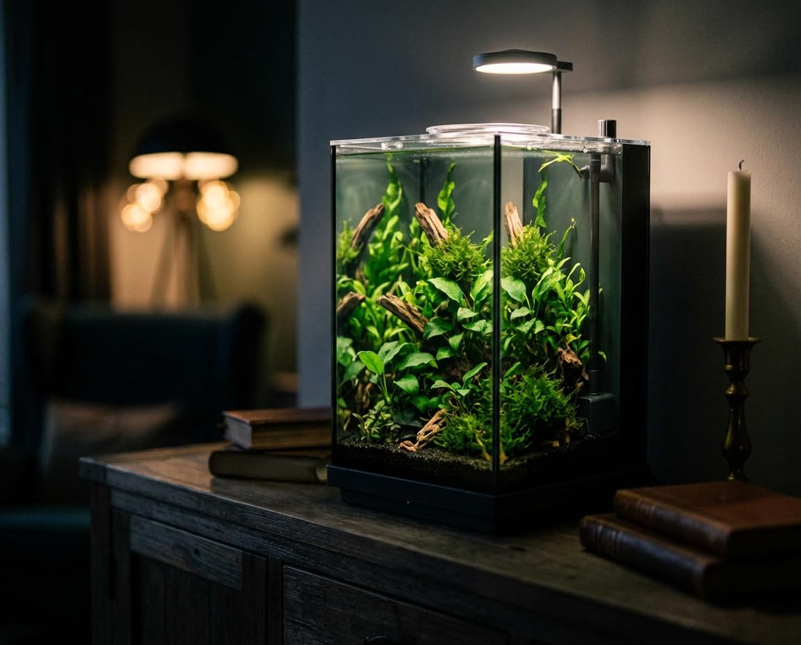 NatureHolic Shrimp Base Garnelenaquarium Komplettset mit Bodenfilter | Nano Aquarium 10,8L Ultraweißglas | Pumpe, LED, 360° Drehteller, Schwarze Glasrückwand