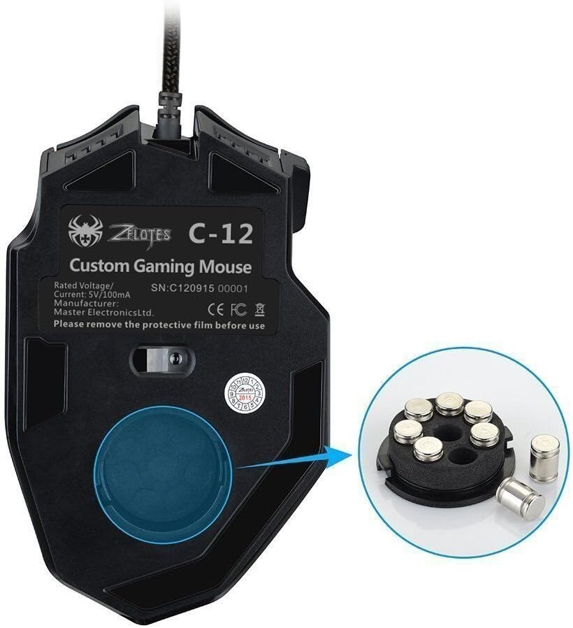 ZELOTES 12 Programmable Buttons USB Professional Wried MMO Gaming Mouse Mice,4000 DPI (Up to 8000DPI by The Software),Weight Tuning Set,Multi-Modes LED Lights for Notebook, PC, Laptop,MacBook (Black)