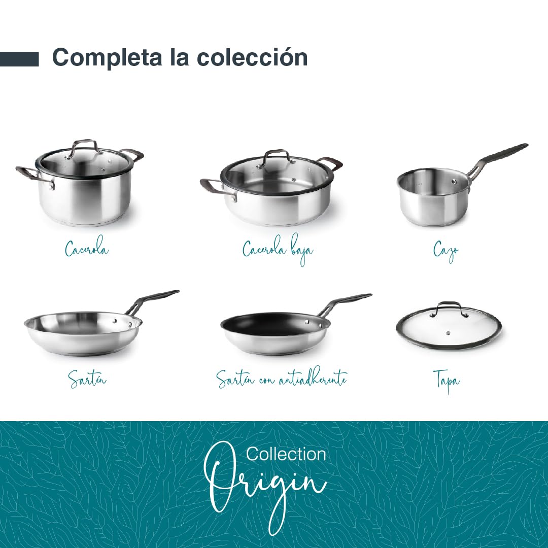Lacor 47024 - Cacerola con Tapa Origin, Acero inoxidable 18/10, Tapa Vidrio | En acero inox 18/10, para guisos y cocciones uniformes; apto para inducción y horno, apto para lavavajillas, de gran utilidad