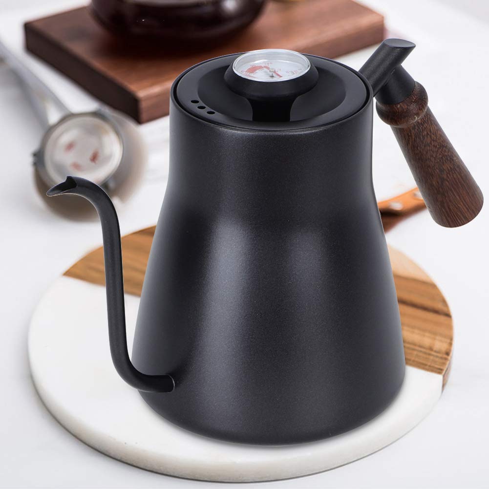 Schwanenhals Wasserkocher, 850ml Gooseneck Kettle mit Thermometer, Kaffeekessel mit Holzgriff, Gooseneck Kettle, Wasserkocher Schwanenhals für alle Herdtypen, Langlebig und Einfach zu Reinigen